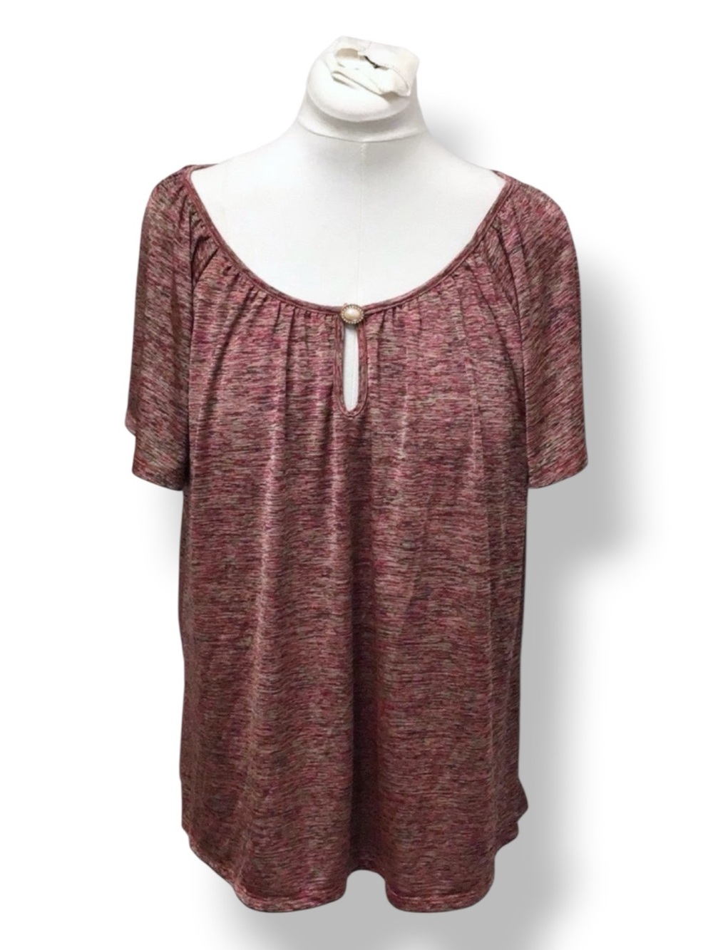 Rue Juju Women’s Short Sleeve Scoop Neck Knit Blouse Heathered Brown/Maroon 2XL